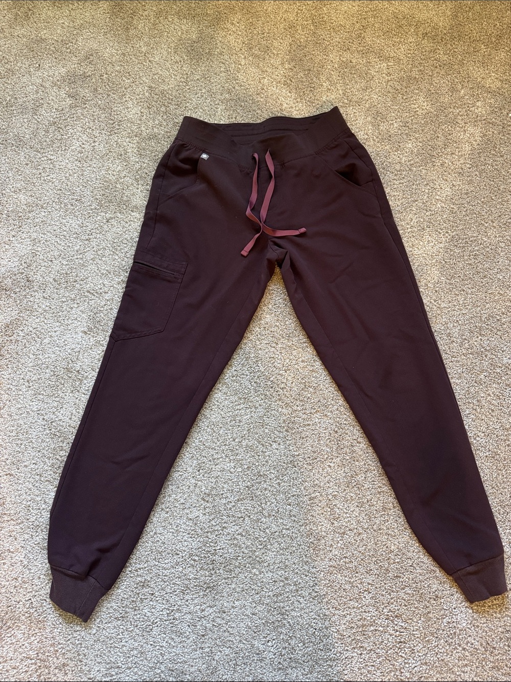 Figs Women's Jogger Track Pants in espresso with Dusty Rose Drawstring